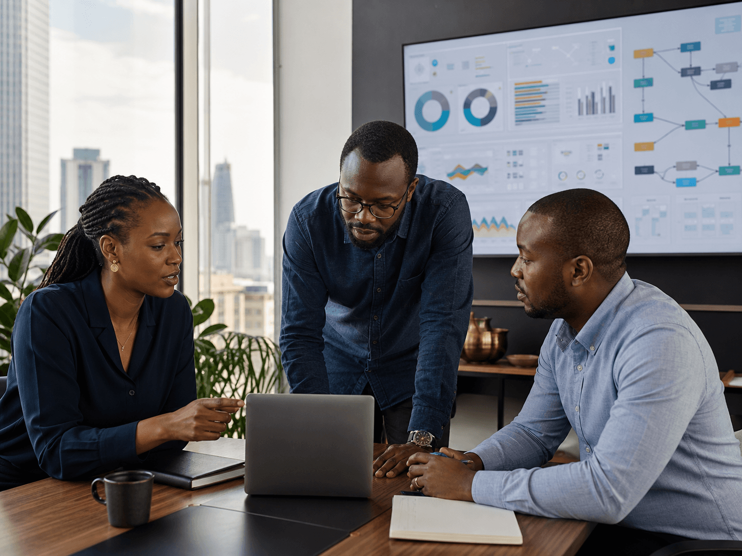 East African business and technology professionals reviewing connected workflows and operational reporting.