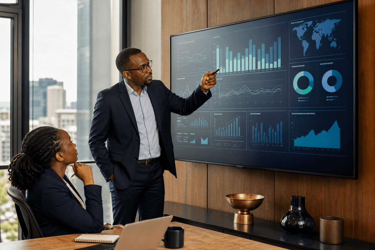 East African manager and analyst reviewing a management dashboard